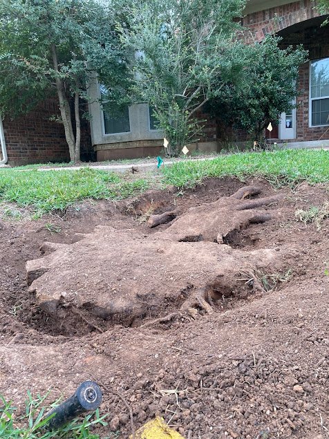 A large tree stump is expertly removed from a lawn by tree services, leaving an uneven patch of dirt. Two trees and a brick house are visible in the background, along with a sprinkler head in the foreground.