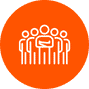 Icon of a group of stylized people in white, with one person at the center holding a briefcase, over an orange circular background.