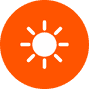 Bright orange circle with a white sun icon in the center, featuring rays extending outward. The design conveys a simple, weather-related symbol, suggesting clarity and warmth.