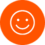 A simple white smiley face on an orange circular background.