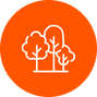 Icon of three trees outlined in white on an orange circular background.