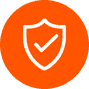 An orange shield icon with a white checkmark in the center, symbolizing security and protection.