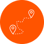 A bright orange circle contains a dashed line connecting two location pin icons, representing a path or route.