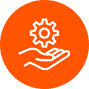 Icon of an open hand holding a gear, symbolizing support or service. The icon is white and set against an orange circular background.