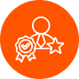 Icon depicting a person wearing a tie, accompanied by a badge with a checkmark and a star, set against an orange circular background.